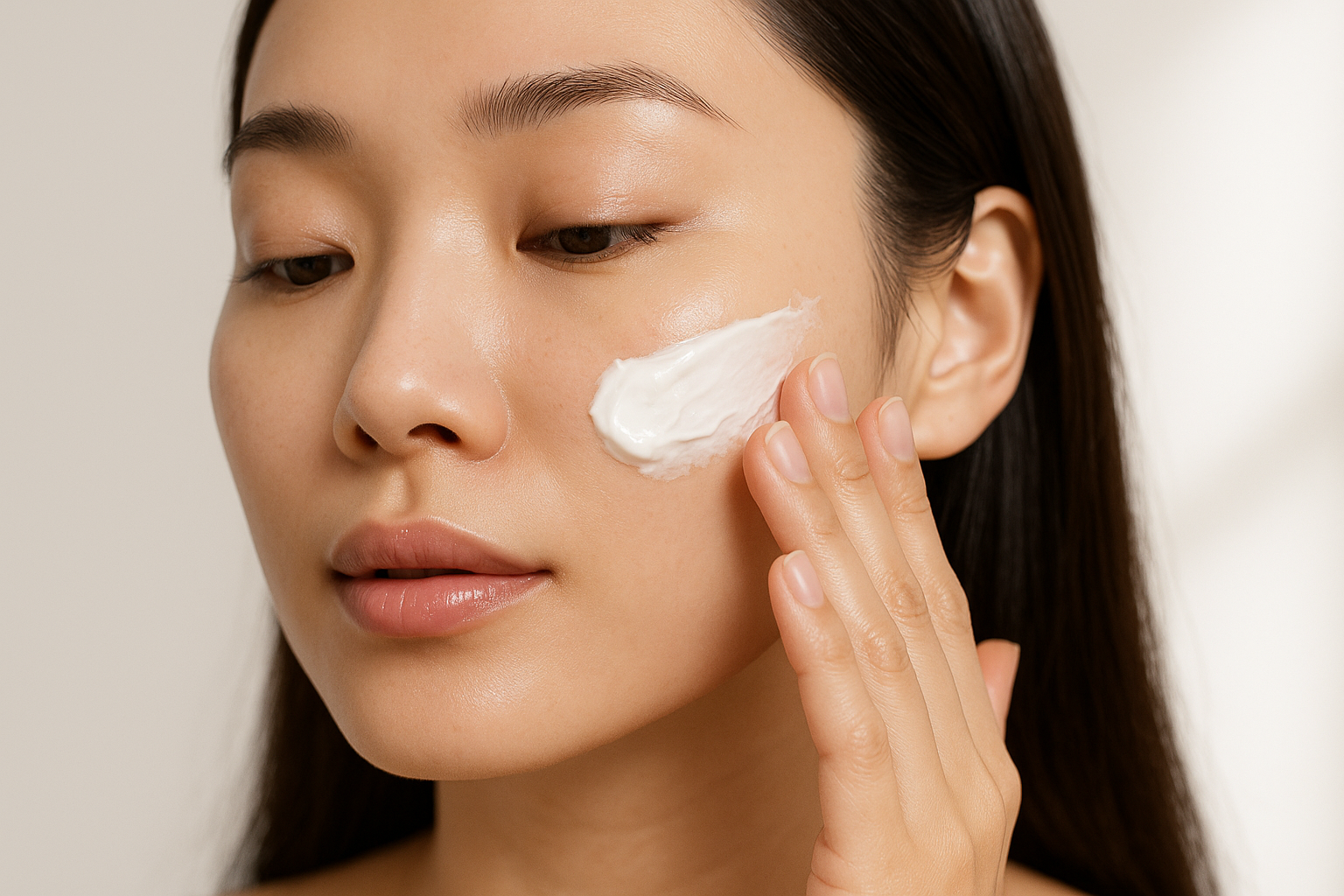 Coreana poniéndose crema en la cara resaltando la crema 